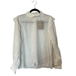 Everlane Women’s Long Sleeve Ruffle Shoulder White Button Up Mock Neck Sz 12 NWT
